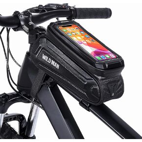 WILD MAN 1L Waterproof Bicycle Front Frame Bike Bag Top Tube Mount Bike Phone Holder with Touch Screen for Mountain Road Bike Cycling(SX3,Black)