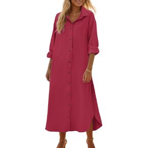 Fasumava Women's Cotton Linen Shirt Dress Long Sleeve Casual Loose Maxi Dresses with Pockets