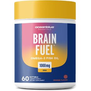 Oceanblue Essentials Brain Fuel – 60ct – Burpless Fish Oil – High Potency Omega-3 DHA for Brain and Eye Support – Easy to Swallow Softgels – Tasty Orange Flavor – 1 month supply