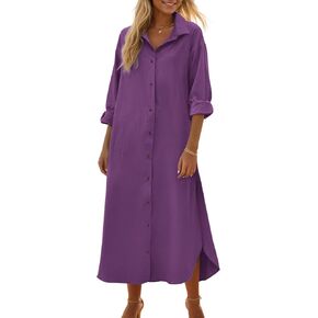 Fasumava Women's Cotton Linen Shirt Dress Long Sleeve Casual Loose Maxi Dresses with Pockets