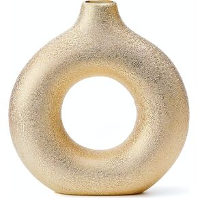 Gold with Texture Donut Vase Hollow Ceramic Vase, Handmade Minimalist Boho ins Style, Modern Vase for Home Decor for Wedding Dinner Table Party Living Room Office Bedroom (Gold, Small)