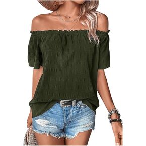 MakeMeChic Women's Off Shoulder Short Sleeve Summer Shirt Solid Frill Trim Textured Blouse Tops