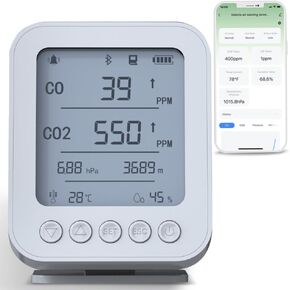 Smart Vehicles Air Quality Monitor with CO/CO2/Pressure/Altitude/Humidity/Temperature Sensors, Carbon Monoxide detector for Automotive, Car, RV, Truck, and Camping, Bluetooth, Data logger