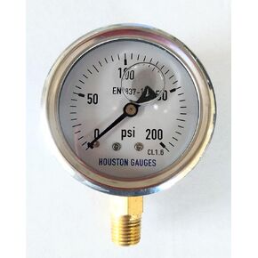 Houston GAUGES 2-1/2inch Dial Size, Liquid Filled Pressure Gauge, 0-200psi, 304 Stainless Steel Case, 1/4 inchNPT Lower Mount