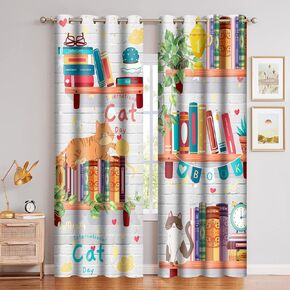 Bookshelf Brick Wall Curtains Cartoon Animal Cat Blackout Curtain for Kids Girls Boys Bedroom Modern Art Style Insulated Privacy Drapes for Living Room Guest Room 2Panels 42x63inch CLDJMS0224