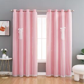 Melodieux Stars Blackout Curtains 84 inch Length for Girls Kids Bedroom Double Layer Star Cut Out Room Darkening Grommet Nursery Window Curtain, Set of 2, W52 x L84 Inches, Ivory