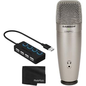 Samson C01U PRO USB Studio Condenser Microphone (Silver) + 4 Port USB 2.0 Hub with Individual LED Lit Power Switches + Cleaning Cloth - Deluxe Mic Bundle