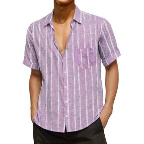 قمصان JOGAL الرجالية الكاجوال من القطن والكتان بأكمام قصيرة وأزرار سفلية مخططة للصيف والشاطئ in Kuwait