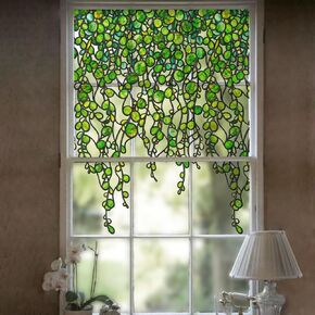 funlife Original Hand-Drawn Faux Stained Glass Window Film, Double-Sided Static Cling Window Cling, Non-Adhesive Glass Windows Border Film Decor for Glass Door, 37.40"x62.99", Spring Green Pearl Vine