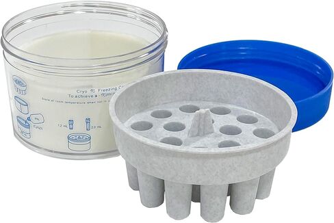 حاوية تجميد MUHWA Cryo 1 درجة مئوية (-33.8 درجة فهرنهايت)، وعاء من البولي كربونات مع غطاء HDPE وأحواض أنبوبية، رف أنبوب تبريد 18 مكانًا، مناسب لأنابيب التبريد 1-2 مل، عبوة من قطعة واحدة in Kuwait