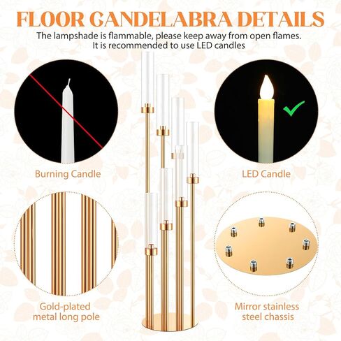 تيسكو 4 مجموعات ذهبية 7 شمعدانات أرضية ذراع 46.5 بوصة حامل شموع أرضية طويل القامة حوامل شموع معدنية مع عاكس الضوء الأكريليك شمعدان محوري للشمعة الإلكترونية ديكور حفلات الزفاف المنزلية in Kuwait