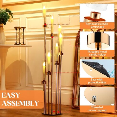 تيسكو 4 مجموعات ذهبية 7 شمعدانات أرضية ذراع 46.5 بوصة حامل شموع أرضية طويل القامة حوامل شموع معدنية مع عاكس الضوء الأكريليك شمعدان محوري للشمعة الإلكترونية ديكور حفلات الزفاف المنزلية in Kuwait