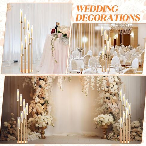 تيسكو 4 مجموعات ذهبية 7 شمعدانات أرضية ذراع 46.5 بوصة حامل شموع أرضية طويل القامة حوامل شموع معدنية مع عاكس الضوء الأكريليك شمعدان محوري للشمعة الإلكترونية ديكور حفلات الزفاف المنزلية in Kuwait