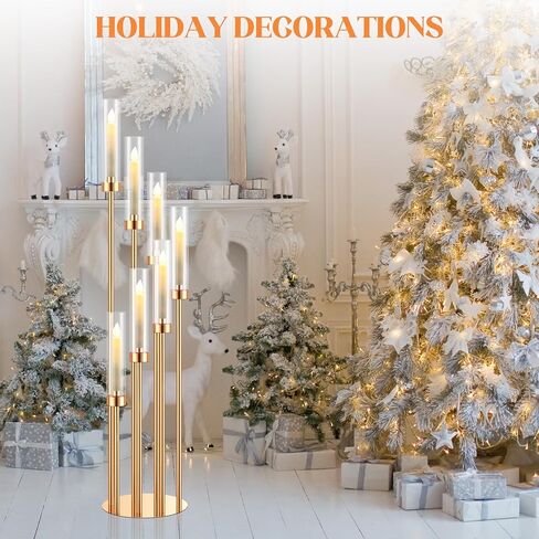 تيسكو 4 مجموعات ذهبية 7 شمعدانات أرضية ذراع 46.5 بوصة حامل شموع أرضية طويل القامة حوامل شموع معدنية مع عاكس الضوء الأكريليك شمعدان محوري للشمعة الإلكترونية ديكور حفلات الزفاف المنزلية in Kuwait