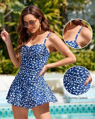 WIN.MAX Women's One Piece Swimdress Vintage Ruched Skirt Swimsuit Tummy Control Adjustable Straps Plus Size Bathing Suits in Saudi Arabia