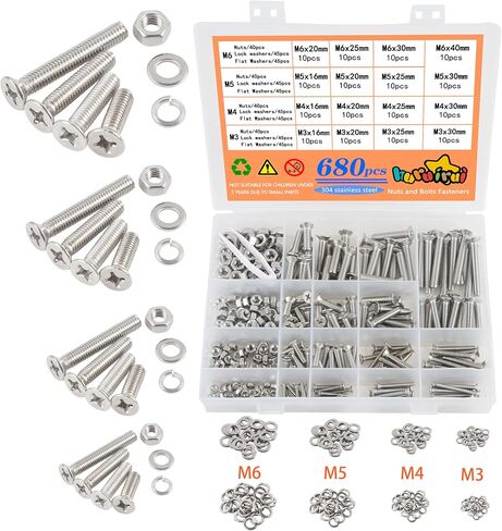 680pcs M3 M4 M5 M6 Nuts and Bolts Washers Cross Flat Head Screws 304 Stainless Steel Hex Socket Countersunk Bolts Set Machine Screws Fastener Repair Tools Assortment Kit in Saudi Arabia