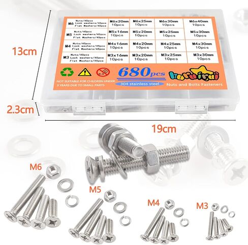 680pcs M3 M4 M5 M6 Nuts and Bolts Washers Cross Flat Head Screws 304 Stainless Steel Hex Socket Countersunk Bolts Set Machine Screws Fastener Repair Tools Assortment Kit in Saudi Arabia