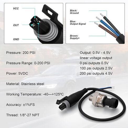 200 PSI Pressure Transducer Sender Sensor with 1/8" -27 NPT 316 Stainless Steel Thread and Harness Connector for Oil Fuel Air Water Pressure in Saudi Arabia