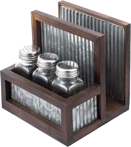 MyGift Rustic Farmhouse Napkin Holder Spice Rack Combo Set - Dark Brown Solid Wood and Corrugated Galvanized Metal Caddy with 3 Shakers for Salt Pepper Seasonings in Saudi Arabia