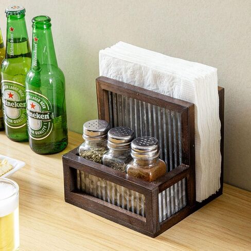 MyGift Rustic Farmhouse Napkin Holder Spice Rack Combo Set - Dark Brown Solid Wood and Corrugated Galvanized Metal Caddy with 3 Shakers for Salt Pepper Seasonings in Saudi Arabia