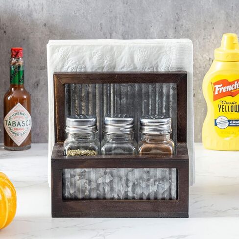 MyGift Rustic Farmhouse Napkin Holder Spice Rack Combo Set - Dark Brown Solid Wood and Corrugated Galvanized Metal Caddy with 3 Shakers for Salt Pepper Seasonings in Saudi Arabia
