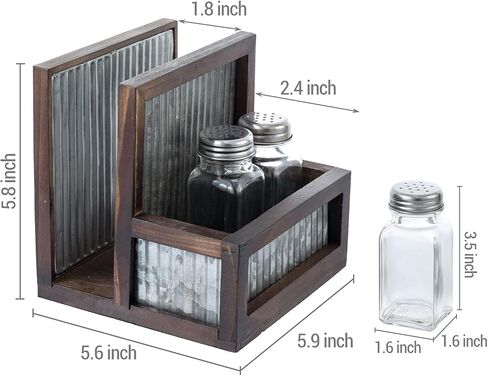 MyGift Rustic Farmhouse Napkin Holder Spice Rack Combo Set - Dark Brown Solid Wood and Corrugated Galvanized Metal Caddy with 3 Shakers for Salt Pepper Seasonings in Saudi Arabia