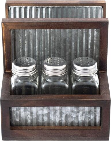MyGift Rustic Farmhouse Napkin Holder Spice Rack Combo Set - Dark Brown Solid Wood and Corrugated Galvanized Metal Caddy with 3 Shakers for Salt Pepper Seasonings in Saudi Arabia