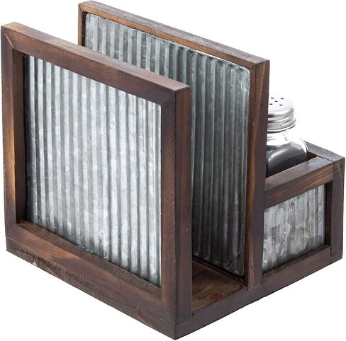MyGift Rustic Farmhouse Napkin Holder Spice Rack Combo Set - Dark Brown Solid Wood and Corrugated Galvanized Metal Caddy with 3 Shakers for Salt Pepper Seasonings in Saudi Arabia