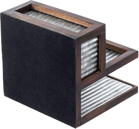 MyGift Rustic Farmhouse Napkin Holder Spice Rack Combo Set - Dark Brown Solid Wood and Corrugated Galvanized Metal Caddy with 3 Shakers for Salt Pepper Seasonings in Saudi Arabia