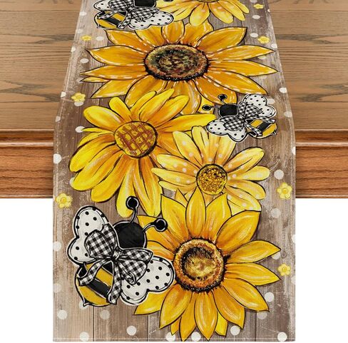 Artoid Mode Wood Sunflower Bee Flower Polka Dot Summer Table Runner, Seasonal Kitchen Dining Table Decoration for Indoor Party Home 13x72 Inch in Saudi Arabia
