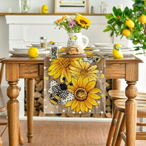 Artoid Mode Wood Sunflower Bee Flower Polka Dot Summer Table Runner, Seasonal Kitchen Dining Table Decoration for Indoor Party Home 13x72 Inch in Saudi Arabia
