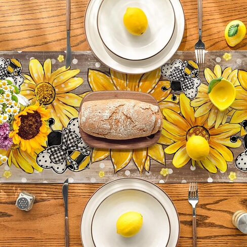 Artoid Mode Wood Sunflower Bee Flower Polka Dot Summer Table Runner, Seasonal Kitchen Dining Table Decoration for Indoor Party Home 13x72 Inch in Saudi Arabia