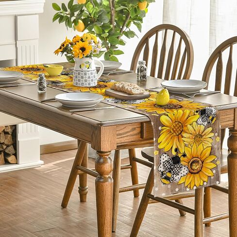 Artoid Mode Wood Sunflower Bee Flower Polka Dot Summer Table Runner, Seasonal Kitchen Dining Table Decoration for Indoor Party Home 13x72 Inch in Saudi Arabia