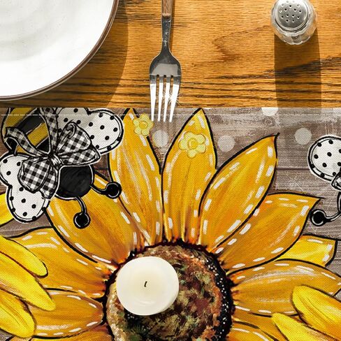 Artoid Mode Wood Sunflower Bee Flower Polka Dot Summer Table Runner, Seasonal Kitchen Dining Table Decoration for Indoor Party Home 13x72 Inch in Saudi Arabia