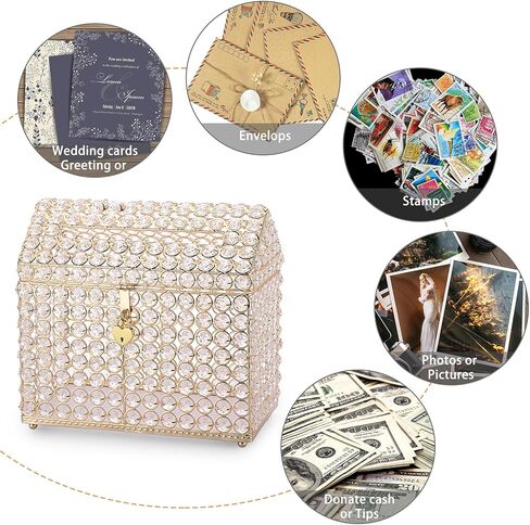 صندوق بطاقات الزفاف الكريستالي من ELLDOO مع قفل على شكل قلب، صندوق بطاقات المال مع غطاء على شكل منزل، هدية فضية لحفلات الزفاف، ديكور مركزي، الذكرى السنوية، تذكار، صندوق عرض الهدايا in Kuwait