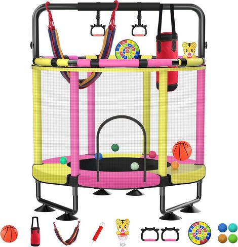 Trampoline for Kids, Upgrade Full Anti-Rust Toddler Trampoline with Net, Adjustable Baby Toddler Trampoline with Basketball Hoop, Dart Board Boys Girls 48in Yellow Pink in Saudi Arabia