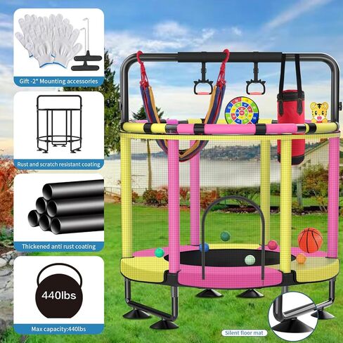 Trampoline for Kids, Upgrade Full Anti-Rust Toddler Trampoline with Net, Adjustable Baby Toddler Trampoline with Basketball Hoop, Dart Board Boys Girls 48in Yellow Pink in Saudi Arabia