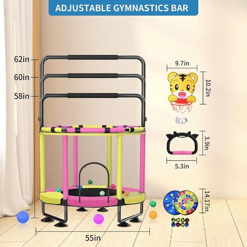 Trampoline for Kids, Upgrade Full Anti-Rust Toddler Trampoline with Net, Adjustable Baby Toddler Trampoline with Basketball Hoop, Dart Board Boys Girls 48in Yellow Pink in Saudi Arabia