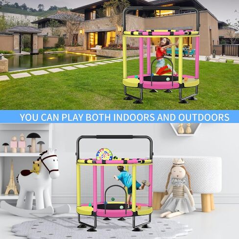 Trampoline for Kids, Upgrade Full Anti-Rust Toddler Trampoline with Net, Adjustable Baby Toddler Trampoline with Basketball Hoop, Dart Board Boys Girls 48in Yellow Pink in Saudi Arabia