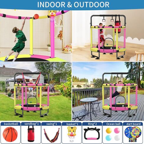 Trampoline for Kids, Upgrade Full Anti-Rust Toddler Trampoline with Net, Adjustable Baby Toddler Trampoline with Basketball Hoop, Dart Board Boys Girls 48in Yellow Pink in Saudi Arabia