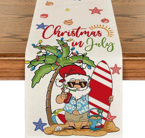 Artoid Mode Santa Claus Coconut Tree Surf Board Christmas in July Table Runner, Holiday Kitchen Dining Table Decoration for Home Party Decor 13x72 Inch in Saudi Arabia