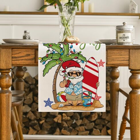 Artoid Mode Santa Claus Coconut Tree Surf Board Christmas in July Table Runner, Holiday Kitchen Dining Table Decoration for Home Party Decor 13x72 Inch in Saudi Arabia