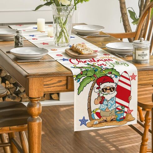 Artoid Mode Santa Claus Coconut Tree Surf Board Christmas in July Table Runner, Holiday Kitchen Dining Table Decoration for Home Party Decor 13x72 Inch in Saudi Arabia