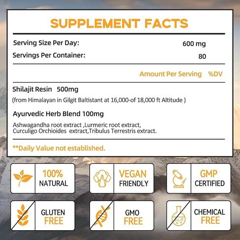 Shilajit Resin, Himalayan Shilajit, Shilajit for Men, 600mg Natural Authentic Pure Himalayan Organic Resin with 85+ Trace Minerals Golden Grade Shilajit Supplement or Energy Immune Support in Saudi Arabia