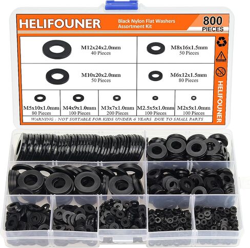 800 Pieces 9 Sizes Black Nylon Flat Washers Assortment Kit - M2 M2.5 M3 M4 M5 M6 M8 M10 M12 (Not Rubber Washer) in Saudi Arabia