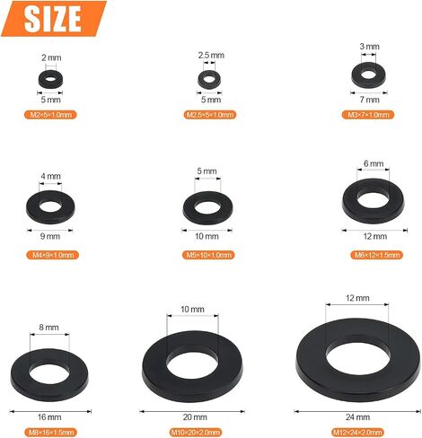 800 Pieces 9 Sizes Black Nylon Flat Washers Assortment Kit - M2 M2.5 M3 M4 M5 M6 M8 M10 M12 (Not Rubber Washer) in Saudi Arabia