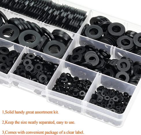 800 Pieces 9 Sizes Black Nylon Flat Washers Assortment Kit - M2 M2.5 M3 M4 M5 M6 M8 M10 M12 (Not Rubber Washer) in Saudi Arabia