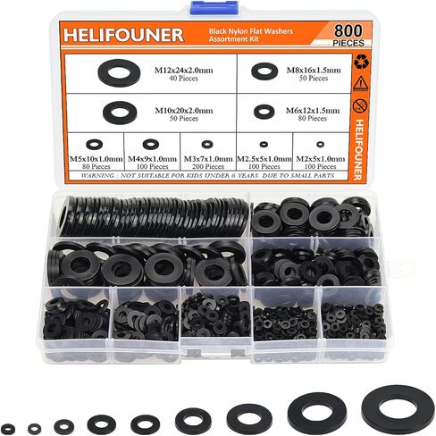 800 Pieces 9 Sizes Black Nylon Flat Washers Assortment Kit - M2 M2.5 M3 M4 M5 M6 M8 M10 M12 (Not Rubber Washer) in Saudi Arabia