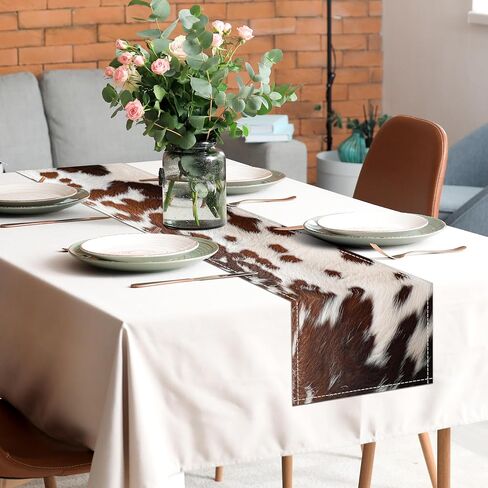 Linen Cow Print Table Runner 13x71 Inch Farmhouse Western Brown Black Cowhide Runners Table Decorations Rustic Coffee Table Runner for Home Kitchen Dining Room in Saudi Arabia