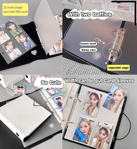 مجموعة كتب حامل بطاقات الصور Kpop مقاس A5 ألبوم بطاقات الصور الفوتوغرافية 6 حلقات Photocard Binder، مناسبة لـ Kpop 200 بطاقة مقاس 3 بوصات، مع 50 قطعة من أكمام بطاقات وامضة بالليزر، مع 20 ورقة ملصقات ملصقات لطيفة in Saudi Arabia